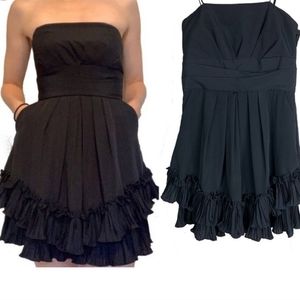 BCBG Generation Black Strapless Pleated Ruffled Mini Dress with pockets Size 10